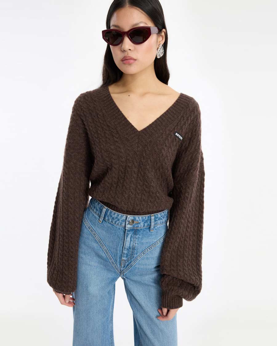 Cable-V-neck-Sweater-Dark-Brown Cable V-neck Sweater Dark Brown ROTATE